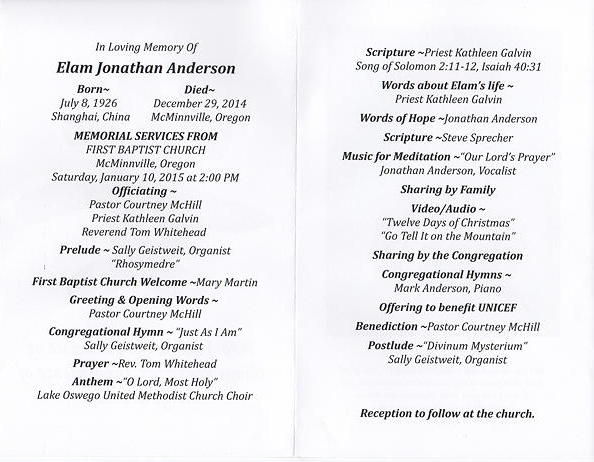 Elam Memorial Service program